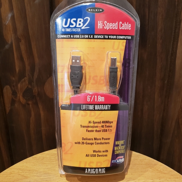 BELKIN PRO 6' / 1.8M USB 2 HI SPEED A/B PLUG 480 MBPS USB CABLE MOD # F3U133-06 - Picture 2 of 7